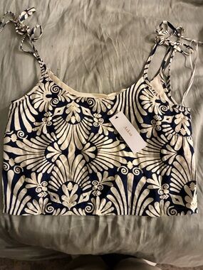 Aakaa Navy and Cream Patterned Halter Camisole